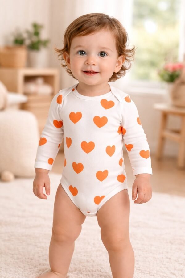 Kız Bebek Kalp Baskılı Uzun Kollu Pamuklu Çıtçıtlı Body, rahat ve dayanıklı bebek giyim - Gorsel 2