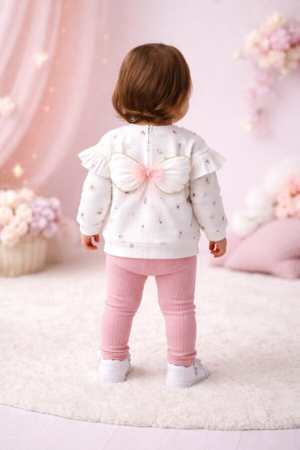 Kız Bebek Kanatlı Prenses Detaylı Uzun Kollu Pamuklu Takım, Krem, Rahat ve Şık - Gorsel 4