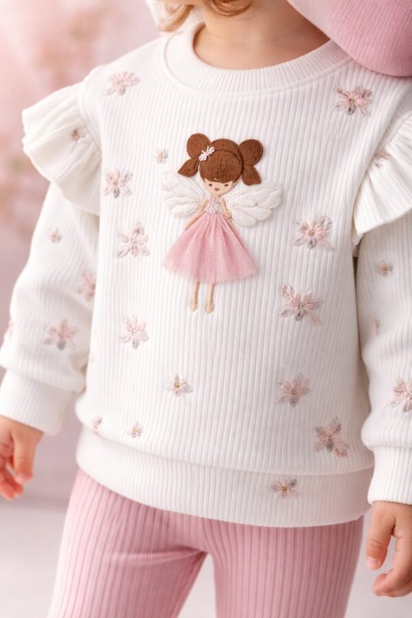 Kız Bebek Kanatlı Prenses Detaylı Uzun Kollu Pamuklu Takım, Krem, Rahat ve Şık - Gorsel 3