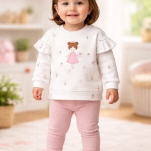 Kız Bebek Kanatlı Prenses Detaylı Uzun Kollu Pamuklu Takım, Krem, Rahat ve Şık