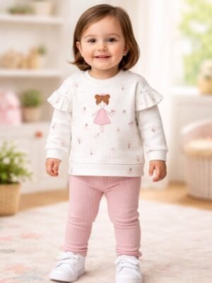 Kız Bebek Kanatlı Prenses Detaylı Uzun Kollu Pamuklu Takım, Krem, Rahat ve Şık
