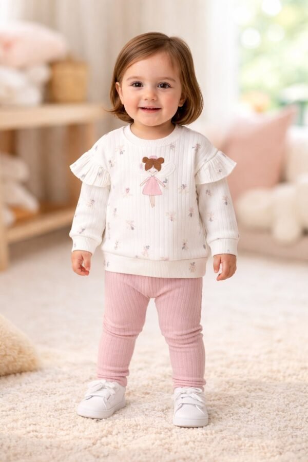 Kız Bebek Kanatlı Prenses Detaylı Uzun Kollu Pamuklu Takım, Krem, Rahat ve Şık - Gorsel 2
