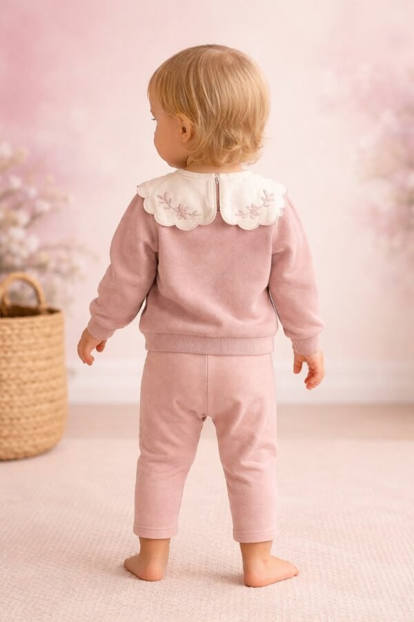 Kız Bebek kare yaka nakış detaylı pamuklu takım, rahat ve şık giyim seçeneği - Gorsel 4