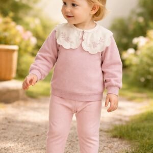 Kız Bebek kare yaka nakış detaylı pamuklu takım, rahat ve şık giyim seçeneği