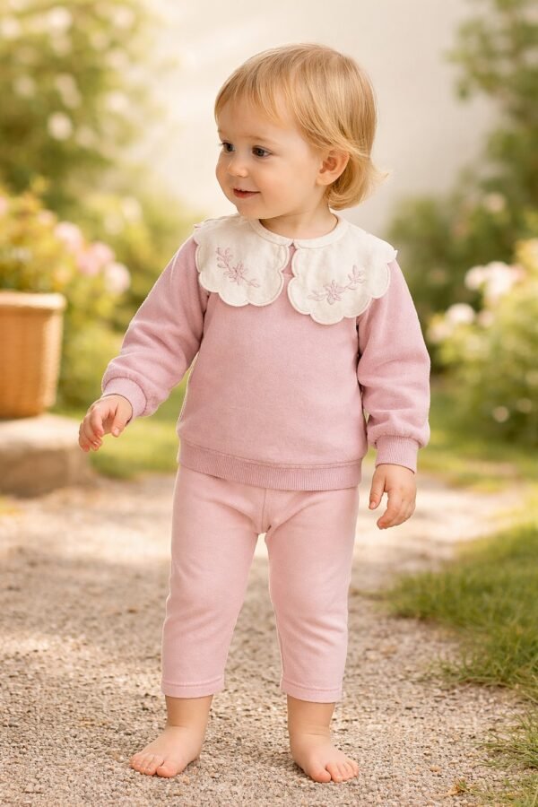 Kız Bebek kare yaka nakış detaylı pamuklu takım, rahat ve şık giyim seçeneği