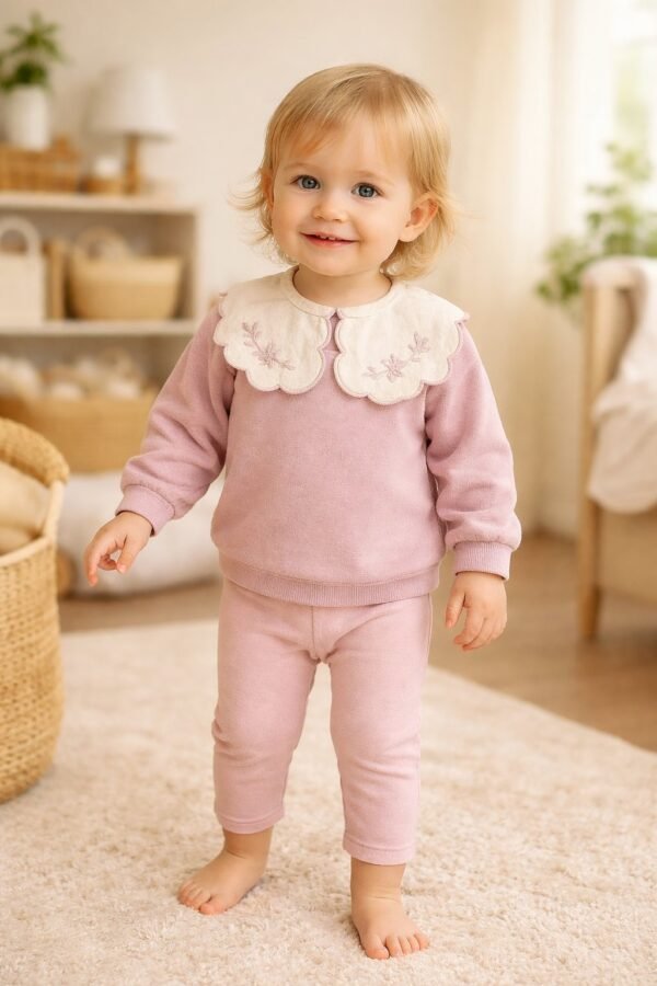 Kız Bebek kare yaka nakış detaylı pamuklu takım, rahat ve şık giyim seçeneği - Gorsel 2