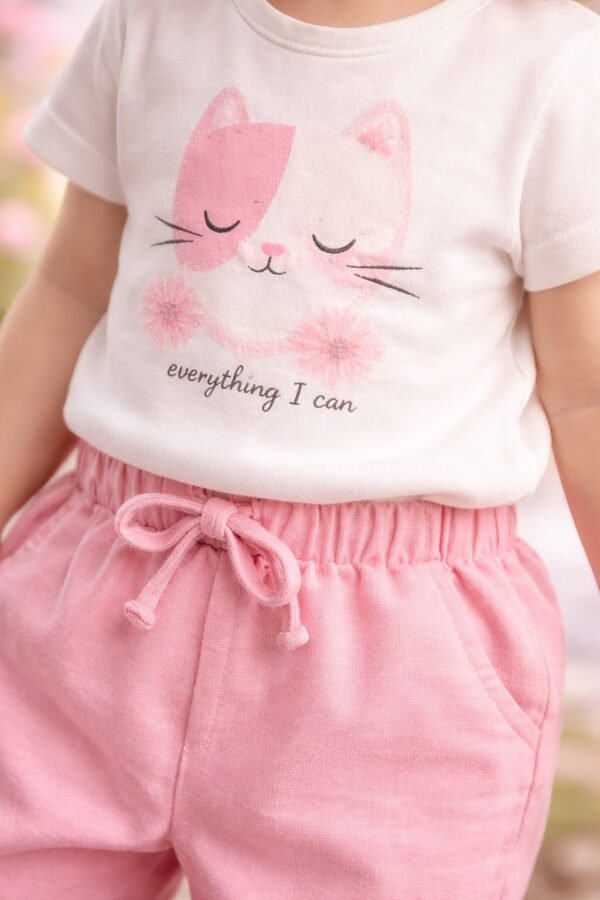 Kız Bebek Katen Takım Pembe Renk Baskili Günlük Kiyafet - Gorsel 3