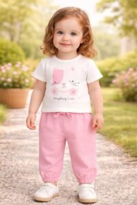Kız Bebek Kedi Baskılı Keten Pantolonlu Takım