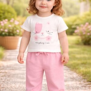 Kız Bebek Kedi Baskılı Keten Pantolonlu Takım