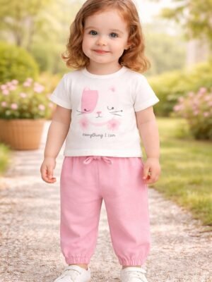 Kız Bebek Katen Takım Pembe Renk Baskili Günlük Kiyafet