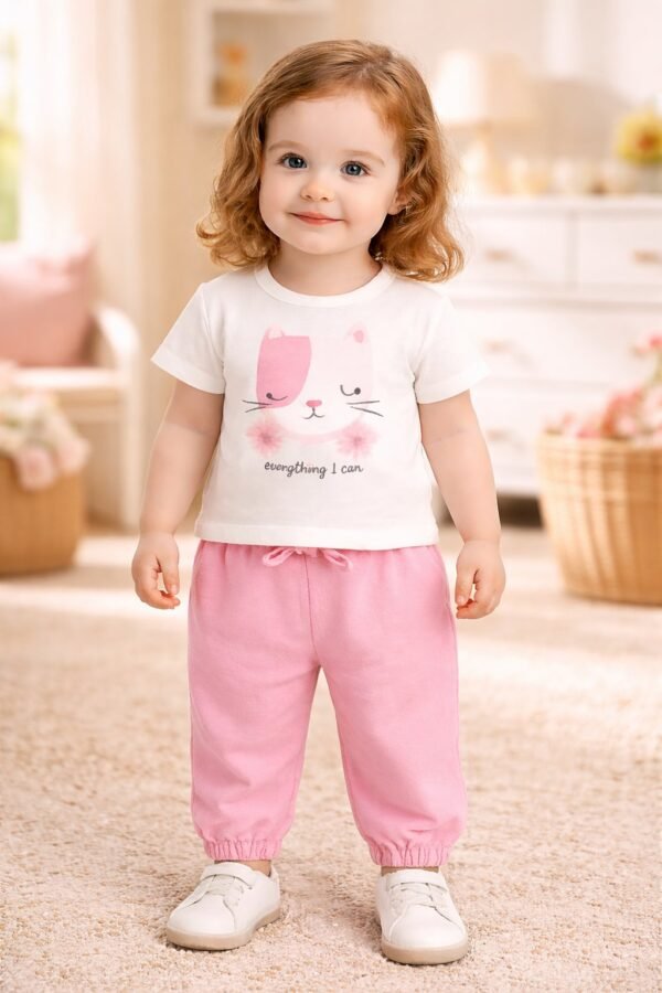 Kız Bebek Katen Takım Pembe Renk Baskili Günlük Kiyafet - Gorsel 2