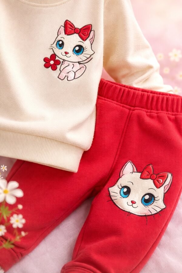 Kız Bebek Kedi Baskılı Uzun Kollu Takım Kız Giyim Günlük Kullanım - Gorsel 3