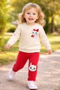 Kız Bebek Kedi Baskılı - Fitilli Taytlı - Beyaz Renk - Uzun Kollu 2li Takım