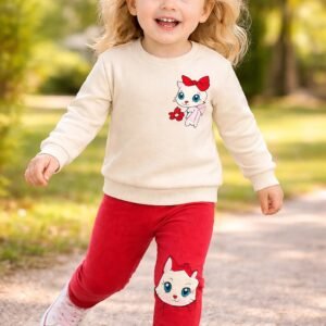 Kız Bebek Kedi Baskılı Uzun Kollu Takım