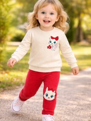 Kız Bebek Kedi Baskılı Uzun Kollu Takım Kız Giyim Günlük Kullanım