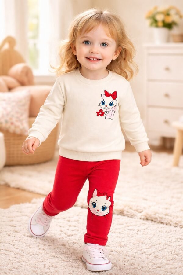 Kız Bebek Kedi Baskılı Uzun Kollu Takım Kız Giyim Günlük Kullanım - Gorsel 2