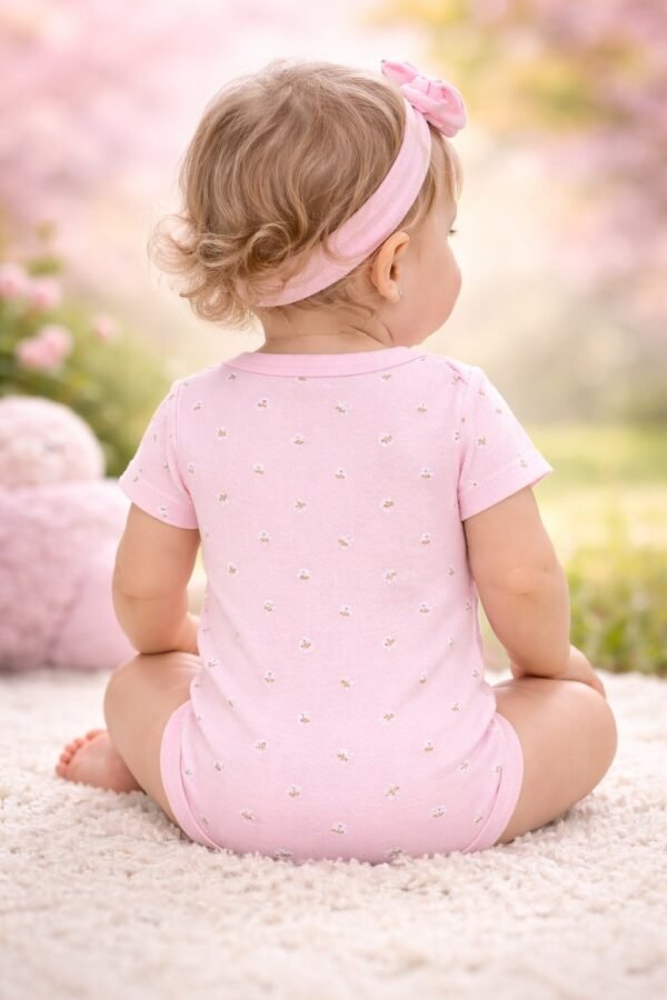 Kız Bebek Kısa Kollu Çiçek Desenli Pamuklu Çıtçıtlı Badi, rahat ve şık yazlık bebek giyim - Gorsel 4
