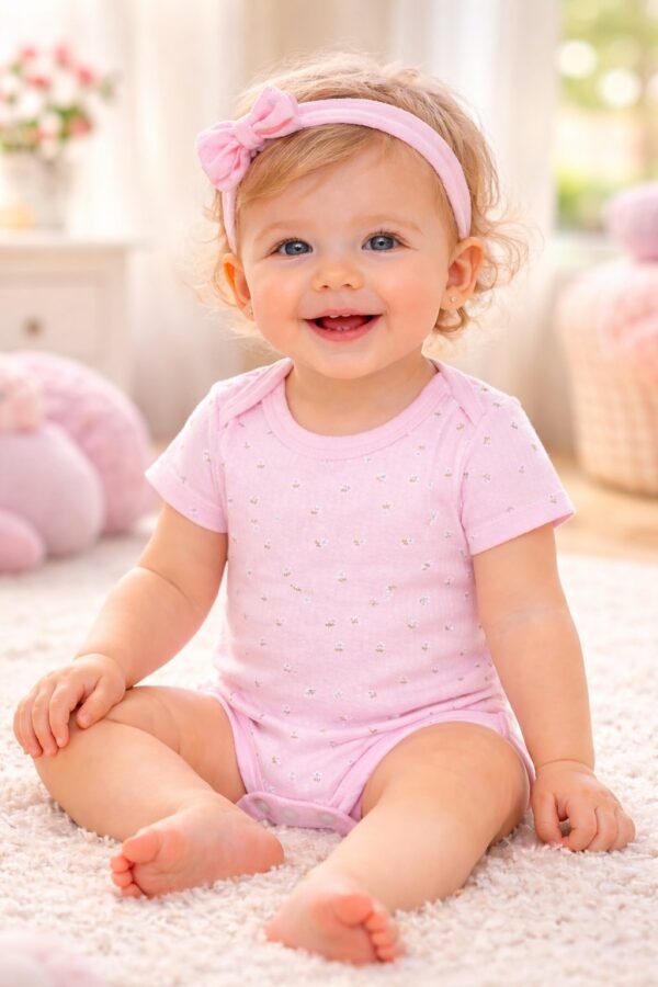Kız Bebek Kısa Kollu Çiçek Desenli Pamuklu Çıtçıtlı Badi, rahat ve şık yazlık bebek giyim - Gorsel 2