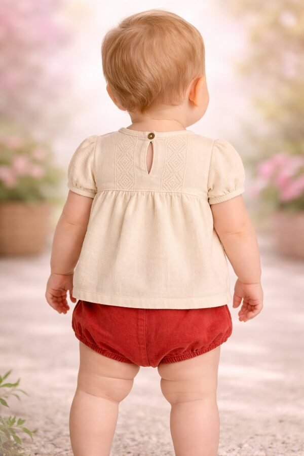 Kız Bebek Krem Renk Çiçek İşlemeli Kısa Kollu Takım, Yazlık, Rahat ve Hafif - Gorsel 4
