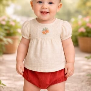 Kız Bebek Krem Renk Çiçek İşlemeli Kısa Kollu Şortlu Keten Takım