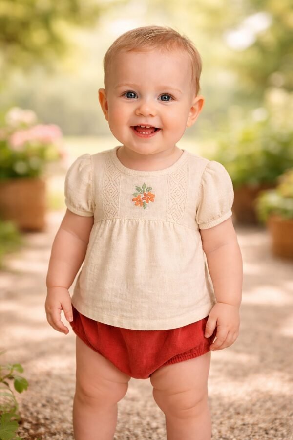 Kız Bebek Krem Renk Çiçek İşlemeli Kısa Kollu Takım, Yazlık, Rahat ve Hafif - Gorsel 2
