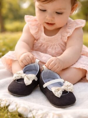 Kız Bebek Kurdelalı Babet kahverengi lacivert pembe renklerde rahat ve şık çocuk ayakkabısı