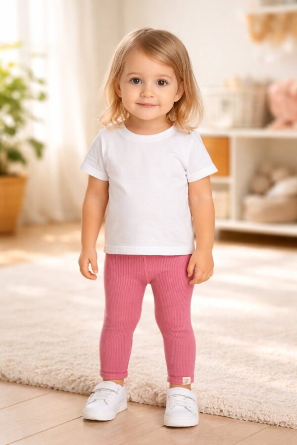 Kız Bebek Likralı Tek Alt Tayt Fuşya Renk Bel Lastikli Esnek 4-24 Ay - Bebek Giyim - Gorsel 2