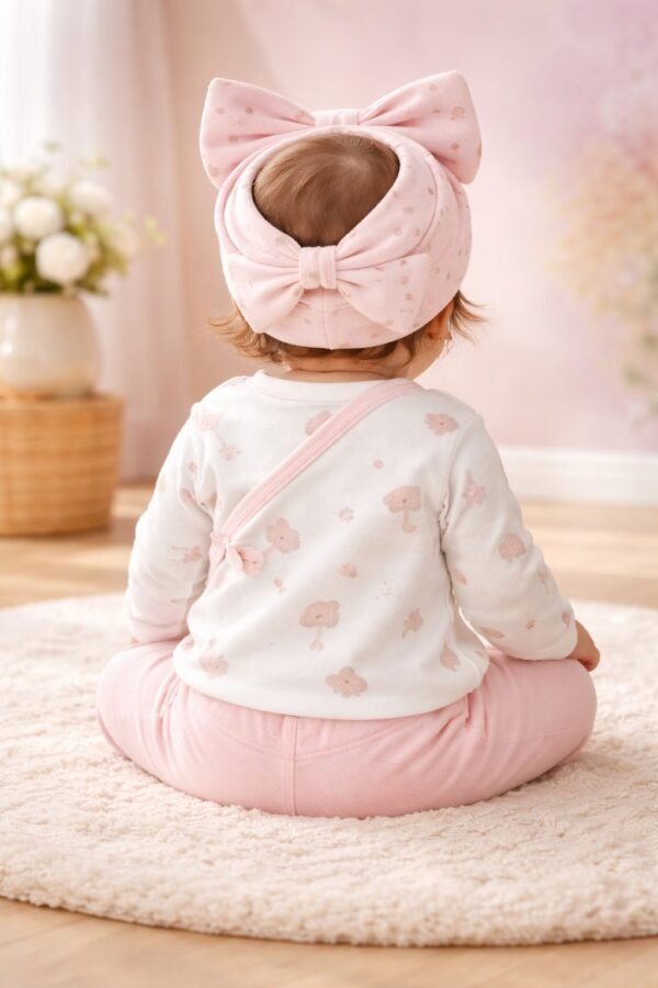 Kız Bebek Mantar Baskılı Fiyonklu Şapkalı Yandan Çıtçıtlı 3 Parçalı Zıbın Takımı, kız bebek giyim, rahat ve sevimli tasarım - Gorsel 4