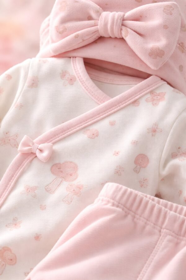 Kız Bebek Mantar Baskılı Fiyonklu Şapkalı Yandan Çıtçıtlı 3 Parçalı Zıbın Takımı, kız bebek giyim, rahat ve sevimli tasarım - Gorsel 3