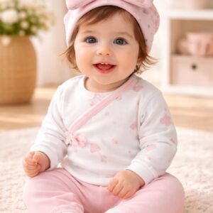 Kız Bebek Mantar Baskılı Fiyonklu Şapkalı Yandan Çıtçıtlı 3 Parçalı Zıbın Takımı, kız bebek giyim, rahat ve sevimli tasarım