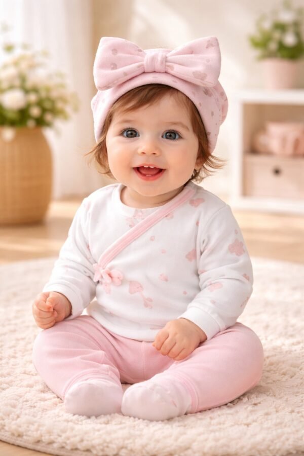 Kız Bebek Mantar Baskılı Fiyonklu Şapkalı Yandan Çıtçıtlı 3 Parçalı Zıbın Takımı, kız bebek giyim, rahat ve sevimli tasarım
