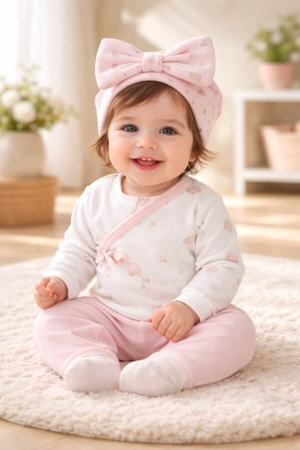 Kız Bebek Mantar Baskılı Fiyonklu Şapkalı Yandan Çıtçıtlı 3 Parçalı Zıbın Takımı, kız bebek giyim, rahat ve sevimli tasarım - Gorsel 2
