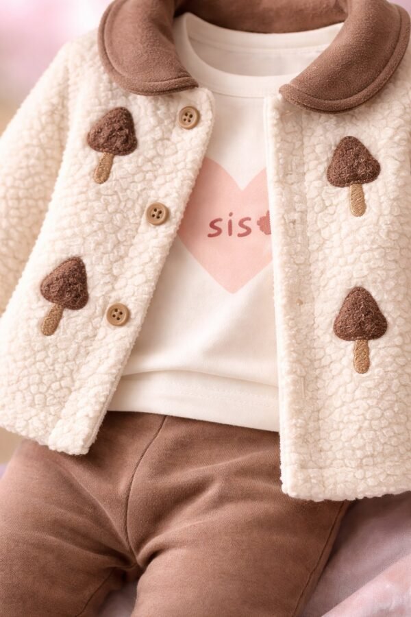Kız Bebek Mantar Baskılı Welsoft Ceketli 3 Parça Takım rahat ve şık - Gorsel 3