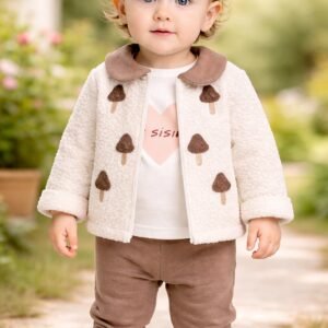 Kız Bebek Mantar Baskılı Welsoft Ceketli 3 Parça Takım rahat ve şık