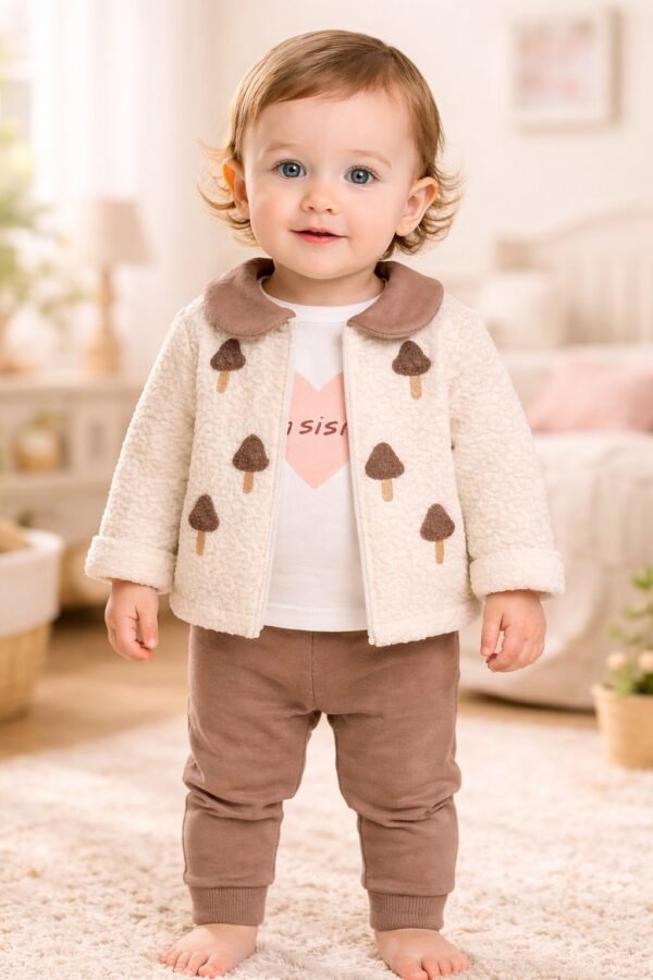 Kız Bebek Mantar Baskılı Welsoft Ceketli 3 Parça Takım rahat ve şık - Gorsel 2