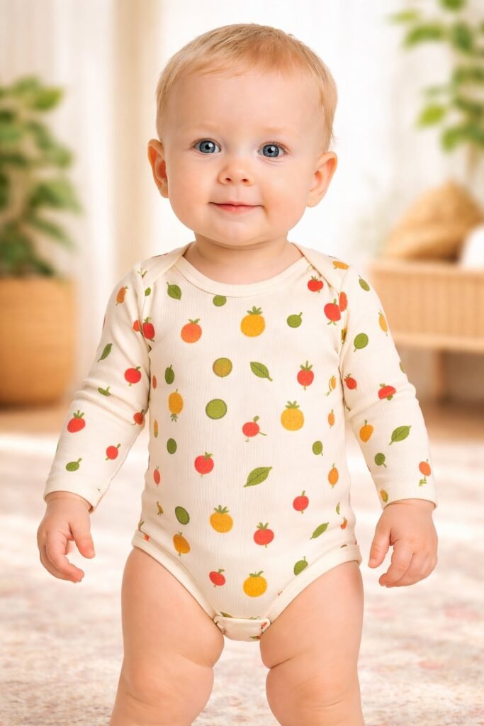 Kız Bebek Meyve Desenli Uzun Kollu Çıtçıtlı Body, rahat ve şık bebek giyim
