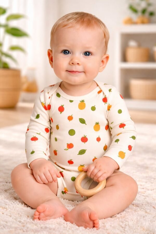 Kız Bebek Meyve Desenli Uzun Kollu Çıtçıtlı Body, rahat ve şık bebek giyim - Gorsel 2
