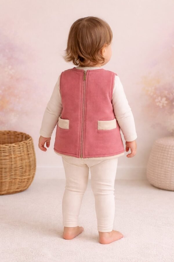 Kız Bebek Giyimi Gül Kurusu Renkli Fermuarlı Penye Yelek Ahşap Düğmeli - Gorsel 4