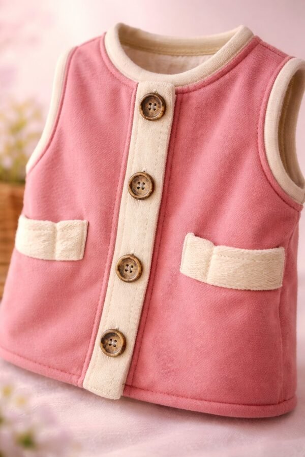 Kız Bebek Giyimi Gül Kurusu Renkli Fermuarlı Penye Yelek Ahşap Düğmeli - Gorsel 3