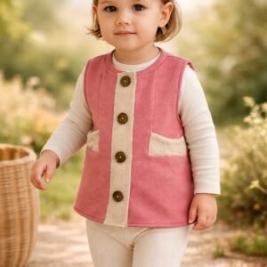 Kız Bebek Fermuarlı Gül Kurusu Penye Yelek Ahşap Düğmeli