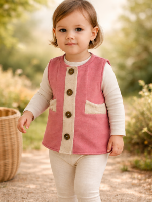 Kız Bebek Fermuarlı Gül Kurusu Penye Yelek Ahşap Düğmeli