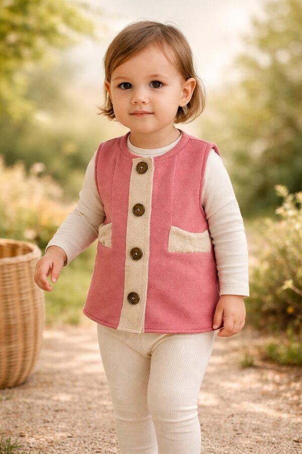 Kız Bebek Giyimi Gül Kurusu Renkli Fermuarlı Penye Yelek Ahşap Düğmeli
