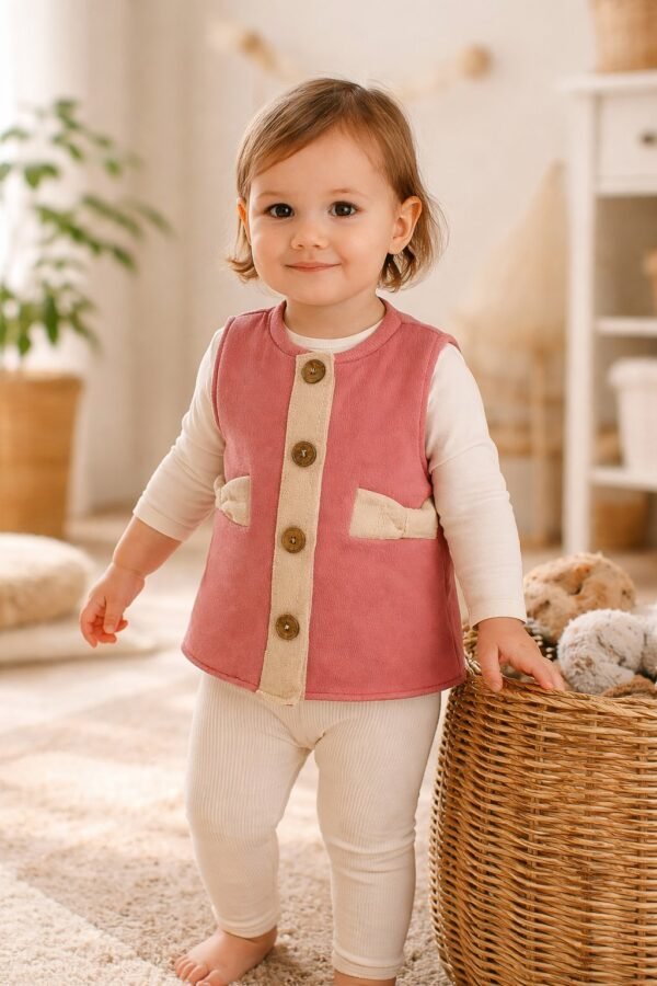Kız Bebek Giyimi Gül Kurusu Renkli Fermuarlı Penye Yelek Ahşap Düğmeli - Gorsel 2