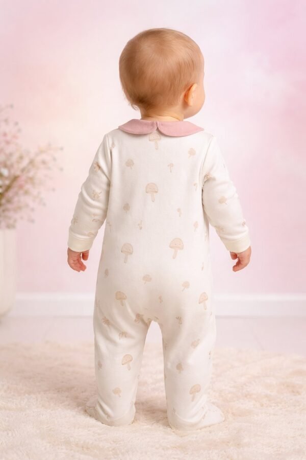Kız Bebek Tulum Krem Renkli Önden Çıtçıtlı Fiyonk Detaylı Mantar Baskılı - Gorsel 4