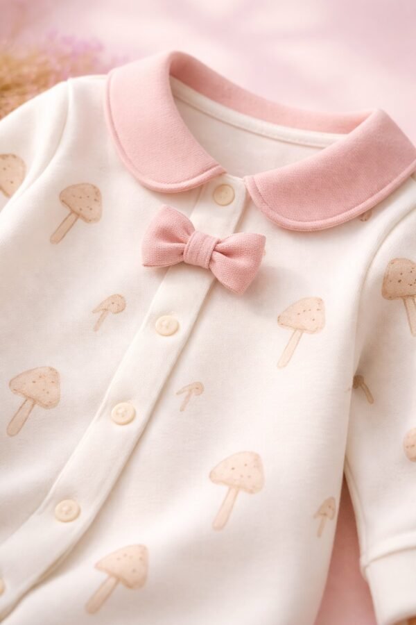 Kız Bebek Tulum Krem Renkli Önden Çıtçıtlı Fiyonk Detaylı Mantar Baskılı - Gorsel 3