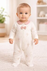 Kız Bebek Önden Çıtçıtlı Fiyonk Detaylı Mantar Baskılı Ayaklı Tulum