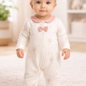 Kız Bebek Tulum Krem Renkli Önden Çıtçıtlı Fiyonk Detaylı Mantar Baskılı