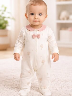 Kız Bebek Tulum Krem Renkli Önden Çıtçıtlı Fiyonk Detaylı Mantar Baskılı