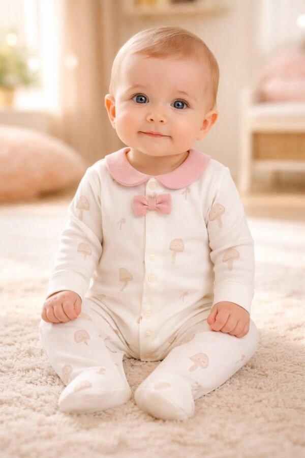 Kız Bebek Tulum Krem Renkli Önden Çıtçıtlı Fiyonk Detaylı Mantar Baskılı - Gorsel 2