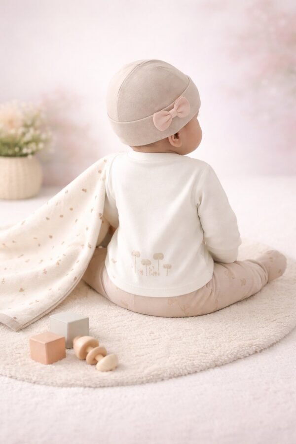Kız Bebek için önden çıtçıtlı baskılı mantar desenli şapkalı zıbın seti, 0-3 ay, krem-vizon renkli, rahat ve dayanıklı - Gorsel 4